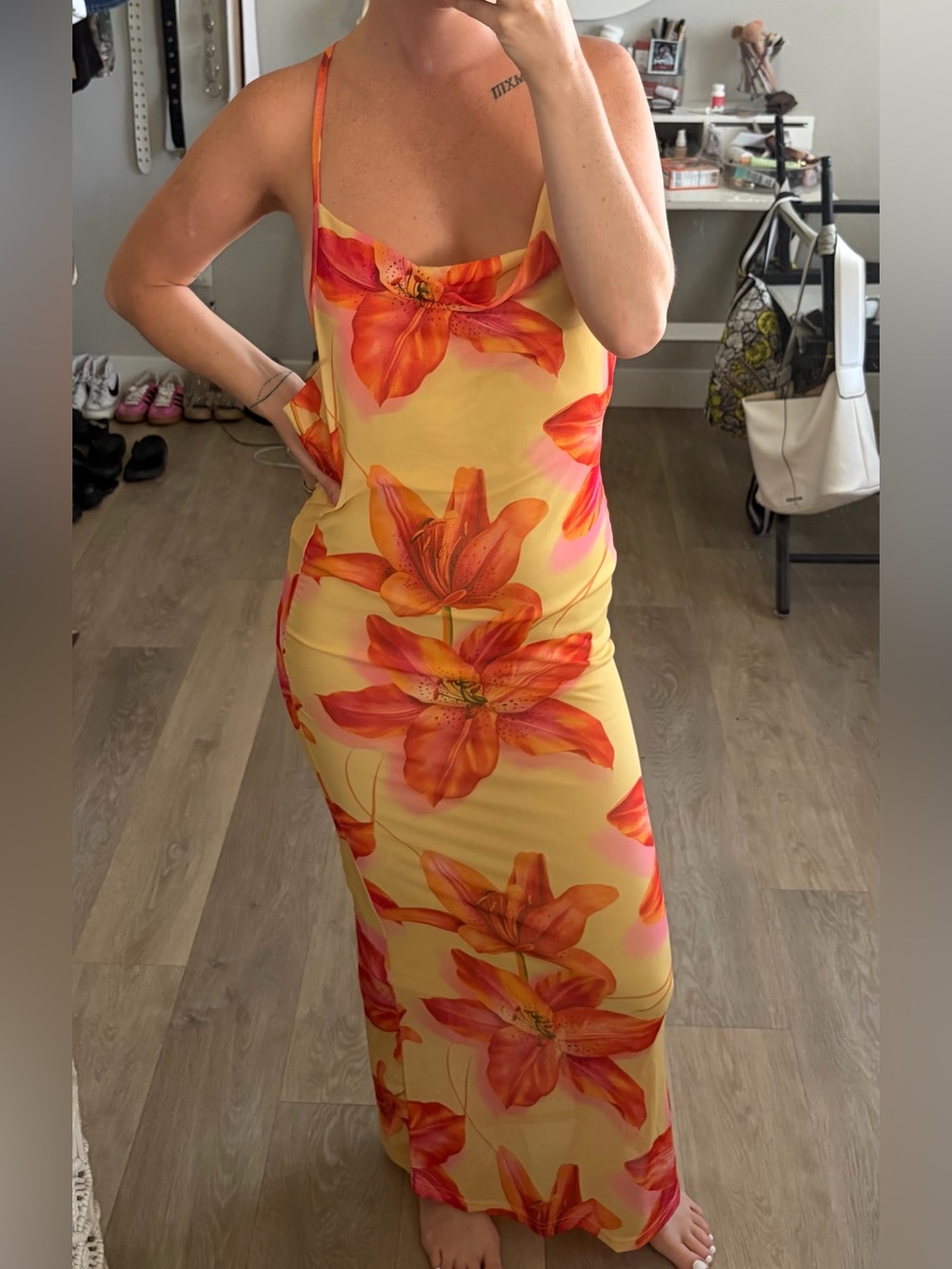 SHEIN Yellow Orange Floral Cowl Neck Open Back Maxi Dress Small